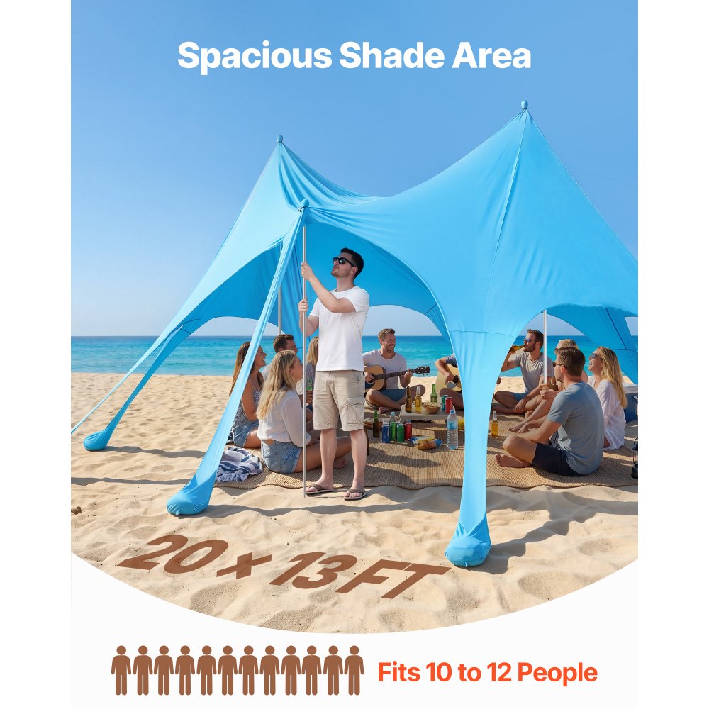VEVOR Beach Tent Sun Shelter, UPF50+ Sun Protection, 9.2 ft Tall, 20 x 13 ft, Easy Pop Up Beach Canopy with Sandbags