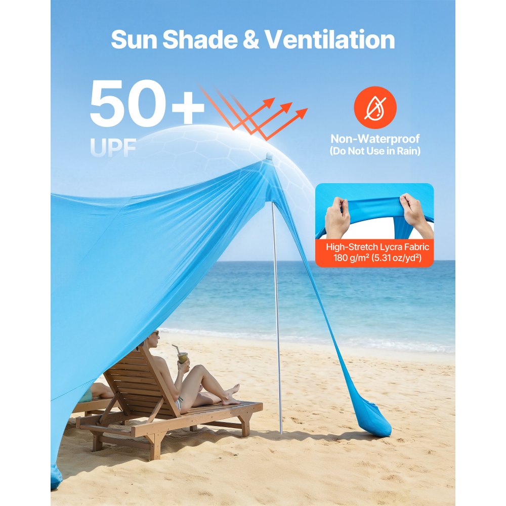 VEVOR Beach Tent Sun Shelter, UPF50+ Sun Protection, 6.6 ft Tall, 11 x 11 ft, Easy Pop Up Beach Canopy with Sandbags