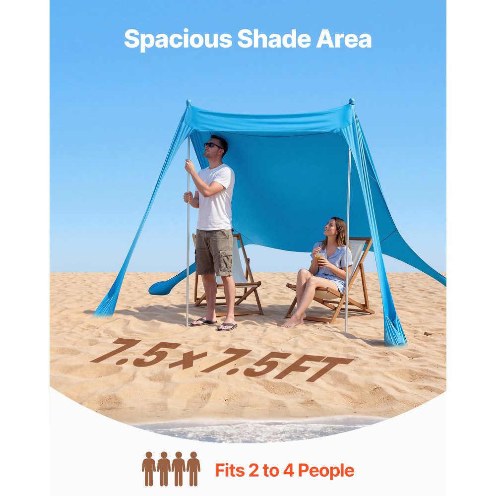 VEVOR Beach Tent Sun Shelter, UPF50+ Sun Protection, 6.6 ft Tall, 7.5x7.5 ft, Easy Pop Up Beach Canopy with Sandbags
