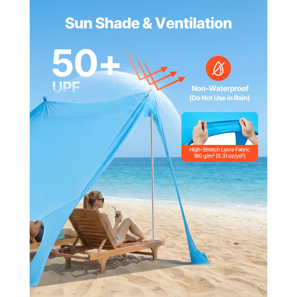 VEVOR Beach Tent Sun Shelter, UPF50+ Sun Protection, 6.6 ft Tall, 7.5x7.5 ft, Easy Pop Up Beach Canopy with Sandbags