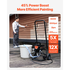 VEVOR Stand Airless Paint Sprayer, 950W 3000PSI High Efficiency Electric Airless Sprayer With Cart, Paint Sprayers for