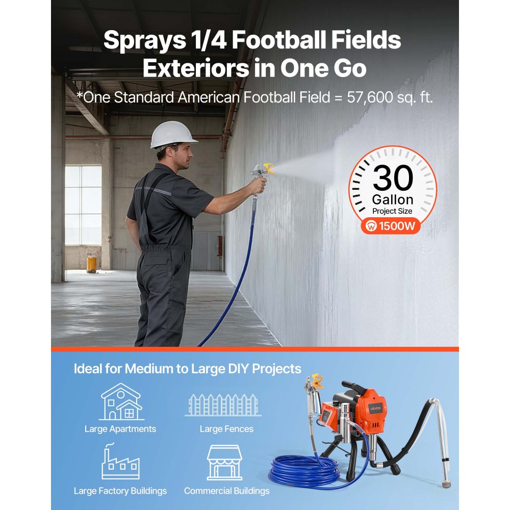 VEVOR Stand Airless Paint Sprayer, 1500W, 3300PSI High Pressure Airless Sprayer, Cleaning Brush, Hose, Extension Rod
