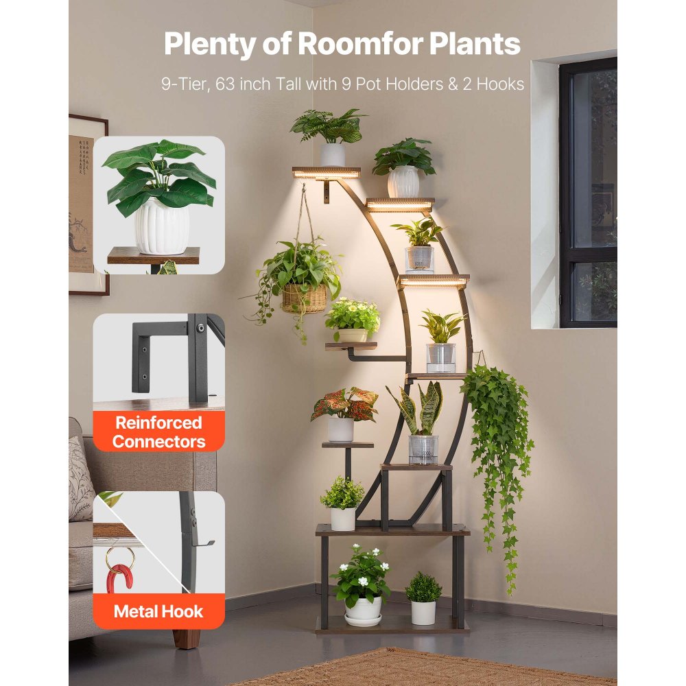 VEVOR Plant Stand Indoor with Grow Lights, 63 in Tall 9-Tier Lighted Plant Shelf, Metal Corner Plants Holder, 3 Timer &