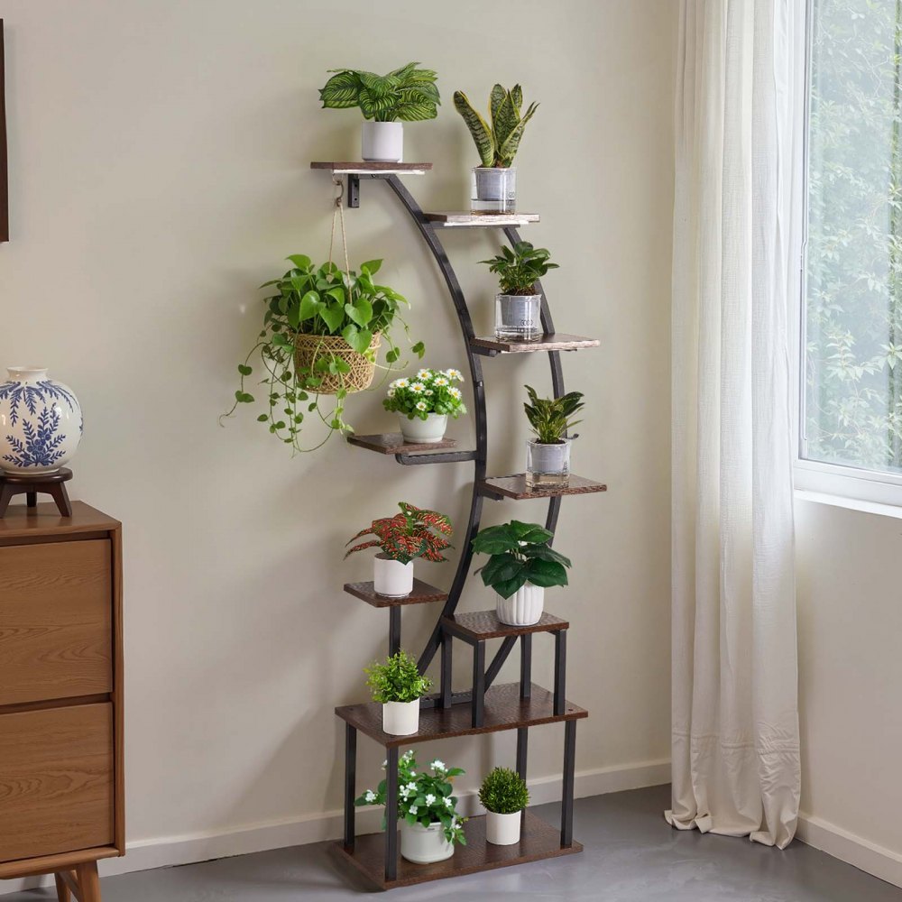 VEVOR Plant Stand Indoor with Grow Lights, 63 in Tall 9-Tier Lighted Plant Shelf, Metal Corner Plants Holder, 3 Timer &