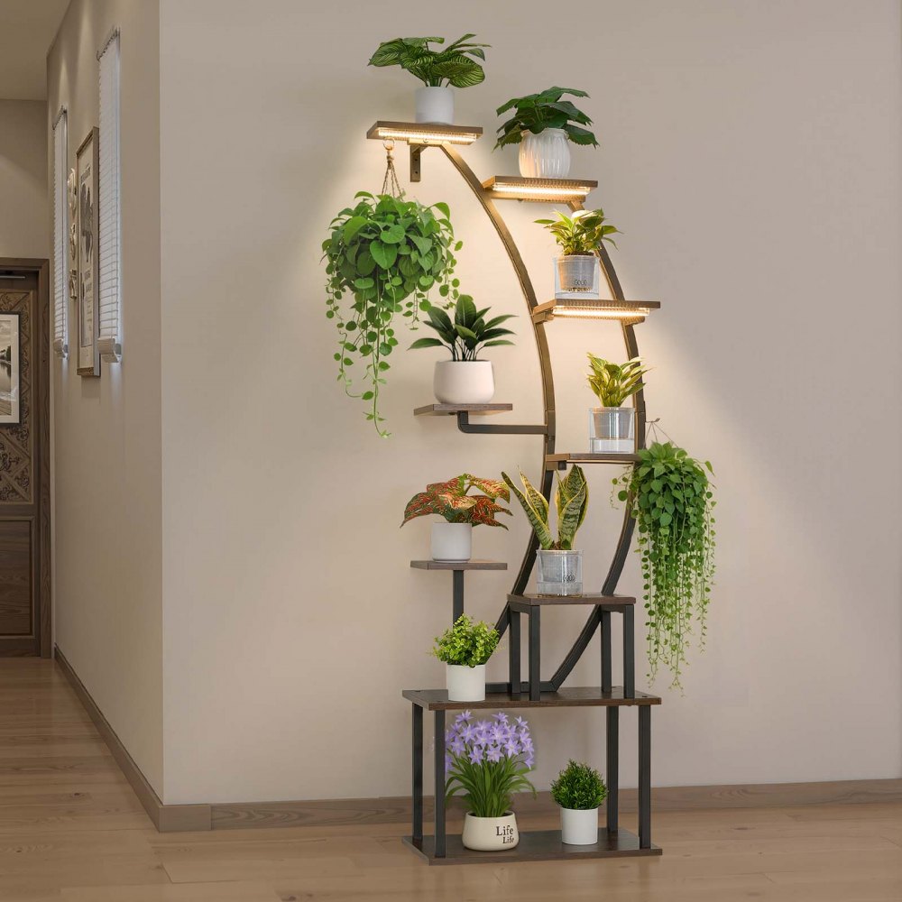 VEVOR Plant Stand Indoor with Grow Lights, 63 in Tall 9-Tier Lighted Plant Shelf, Metal Corner Plants Holder, 3 Timer &