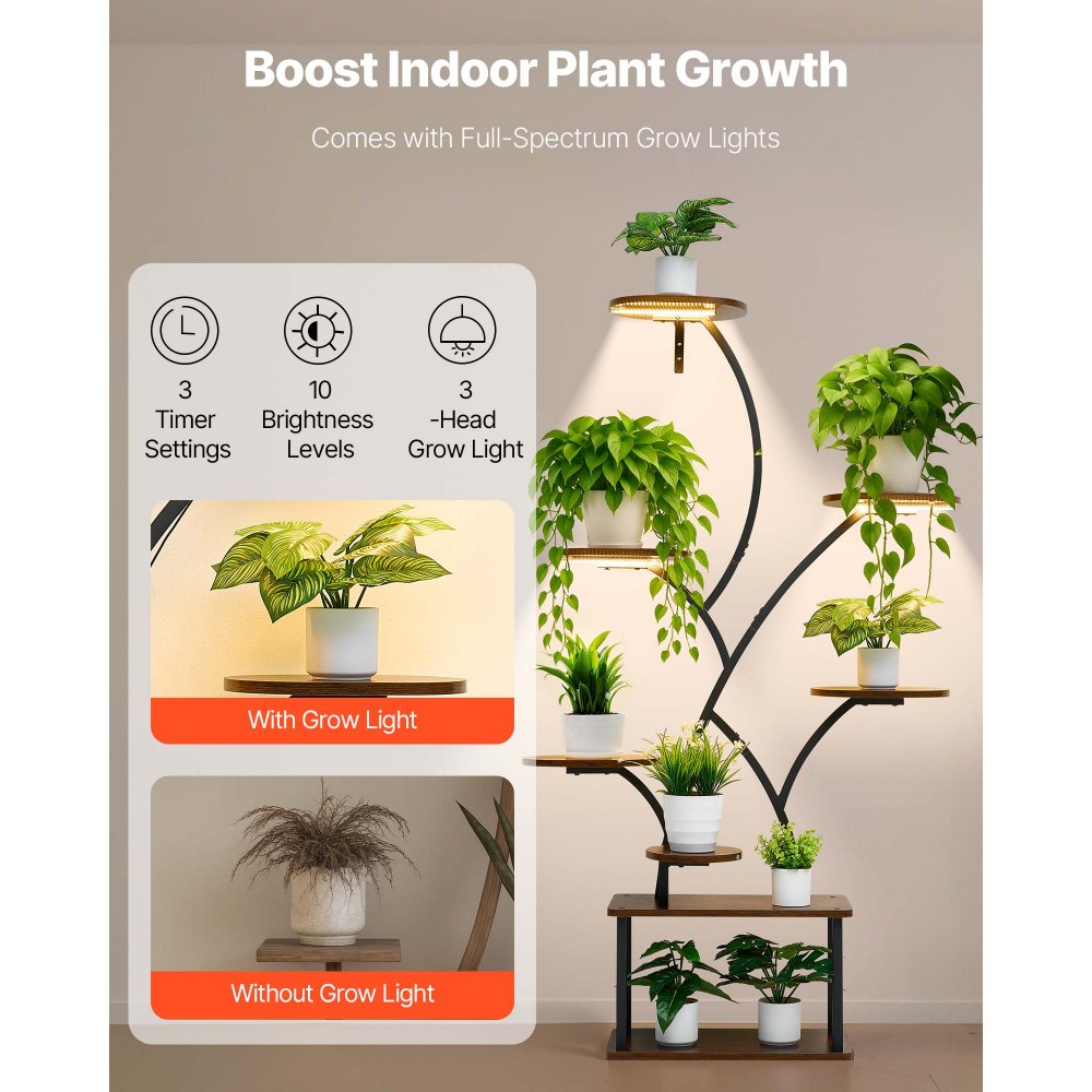 VEVOR Plant Stand Indoor with Grow Lights, 62 in Tall 8-Tier Lighted Plant Shelf, Metal Corner Plants Holder, 3 Timer &