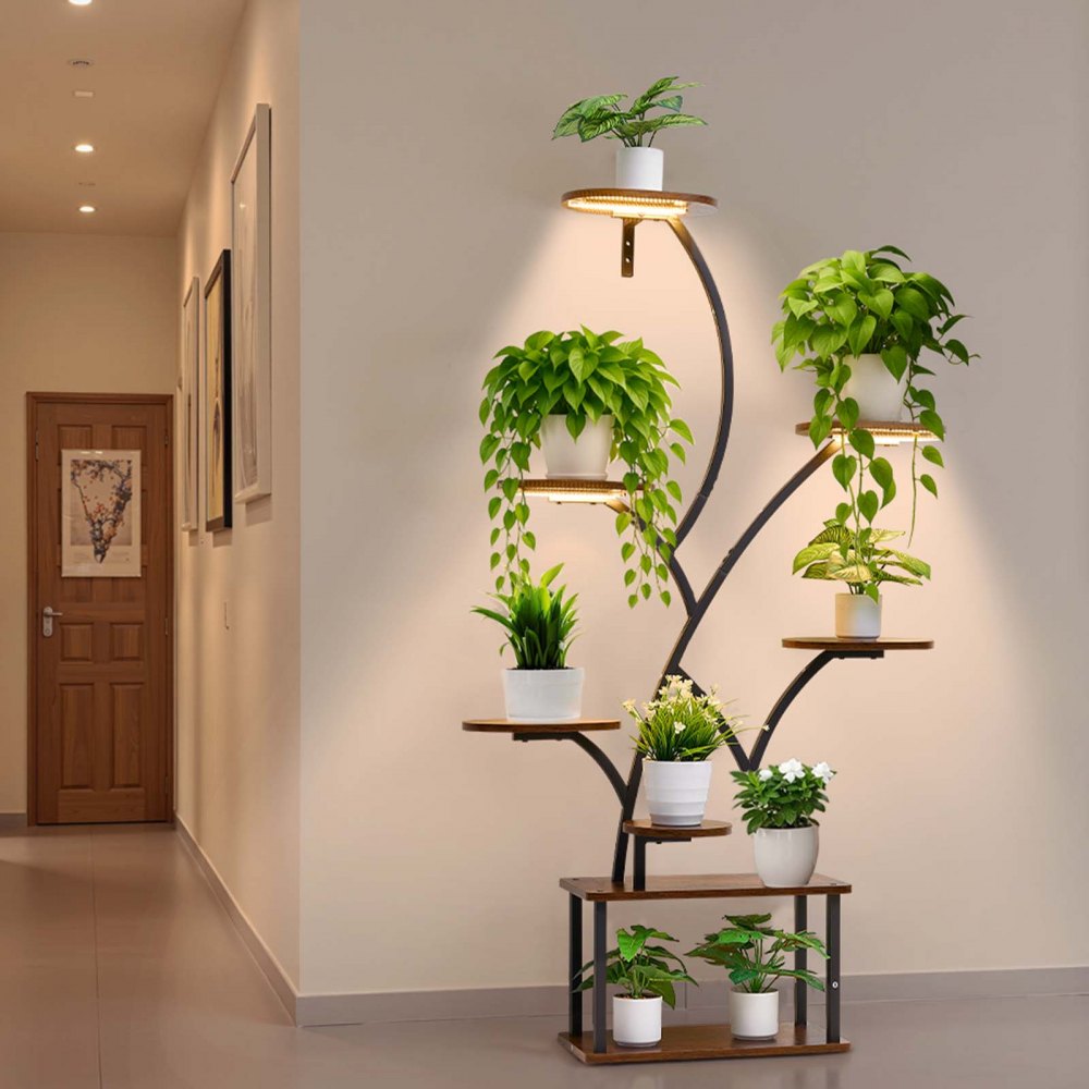 VEVOR Plant Stand Indoor with Grow Lights, 62 in Tall 8-Tier Lighted Plant Shelf, Metal Corner Plants Holder, 3 Timer &