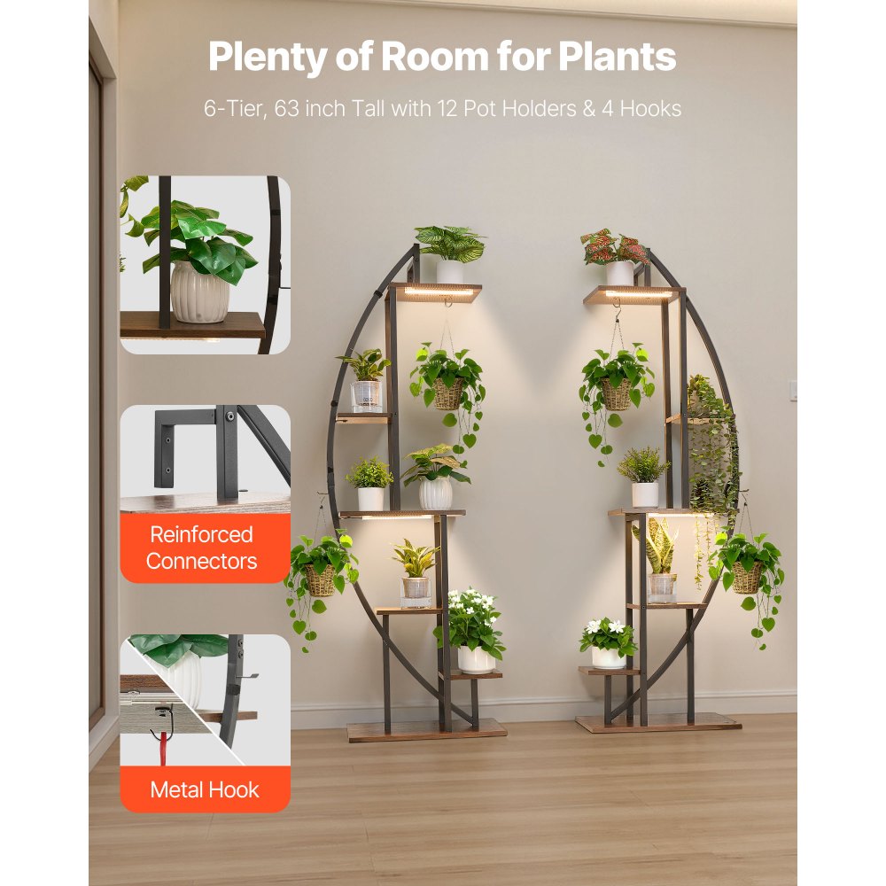 VEVOR Plant Stand Indoor with Grow Lights, 63 in Tall 6-Tiered Lighted Plant Shelf, 2 Pack Metal Corner Plants Holder