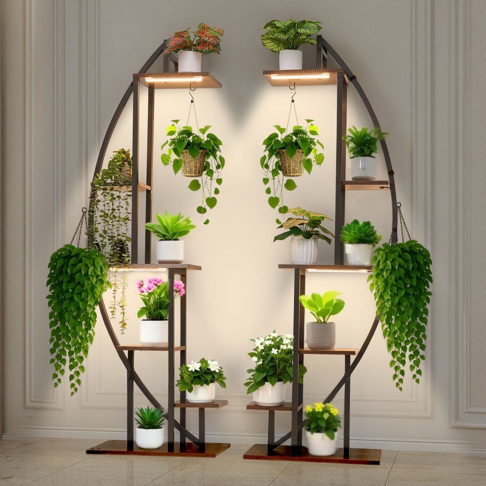 VEVOR Plant Stand Indoor with Grow Lights, 63 in Tall 6-Tiered Lighted Plant Shelf, 2 Pack Metal Corner Plants Holder