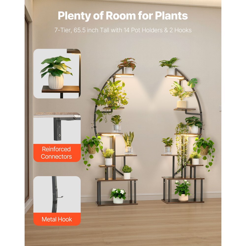 VEVOR Plant Stand Indoor with Grow Lights, 65.5 in Tall 7-Tiered Lighted Plant Shelf, 2 Pack Metal Corner Plants