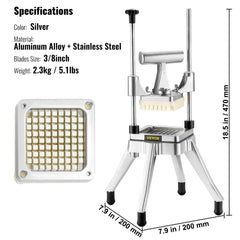 VEVOR Commercial Vegetable Fruit Chopper 3/8″ Blade Heavy Duty Professional Food Dicer Kattex French Fry Cutter Onion