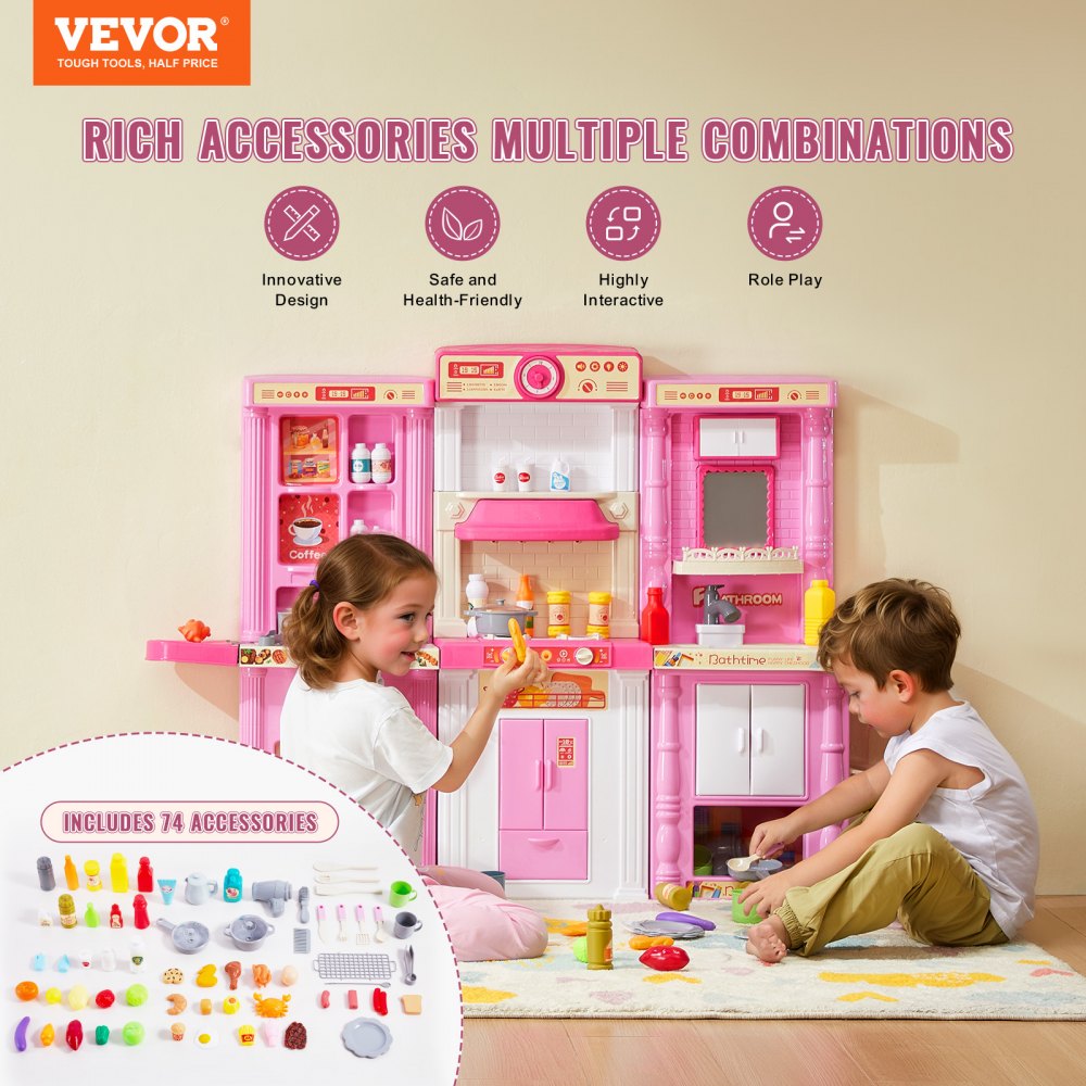 VEVOR Kids Kitchen Playset, 3-in-1 Toddler Kitchen with Simulated Spray, Sounds and Lights, Play Kitchen Set with 74