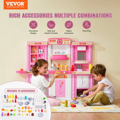 VEVOR Kids Kitchen Playset, 3-in-1 Toddler Kitchen with Simulated Spray, Sounds and Lights, Play Kitchen Set with 74