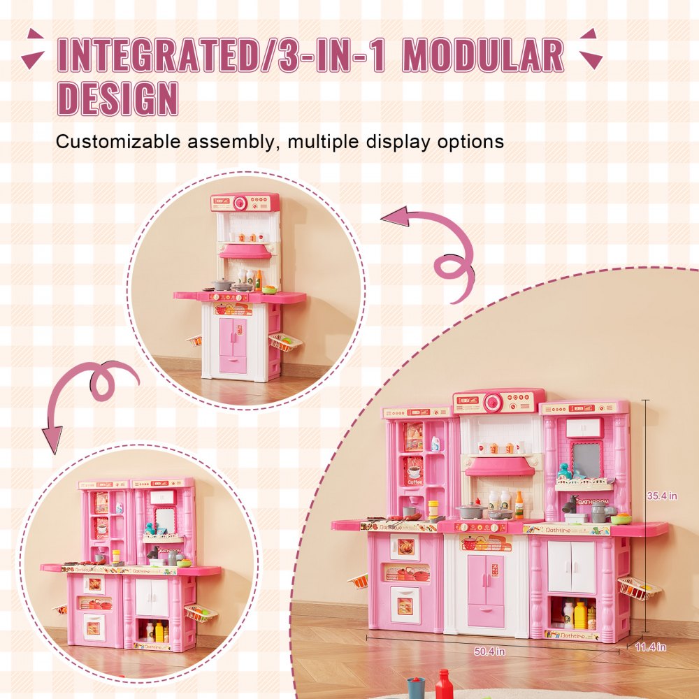 VEVOR Kids Kitchen Playset, 3-in-1 Toddler Kitchen with Simulated Spray, Sounds and Lights, Play Kitchen Set with 74