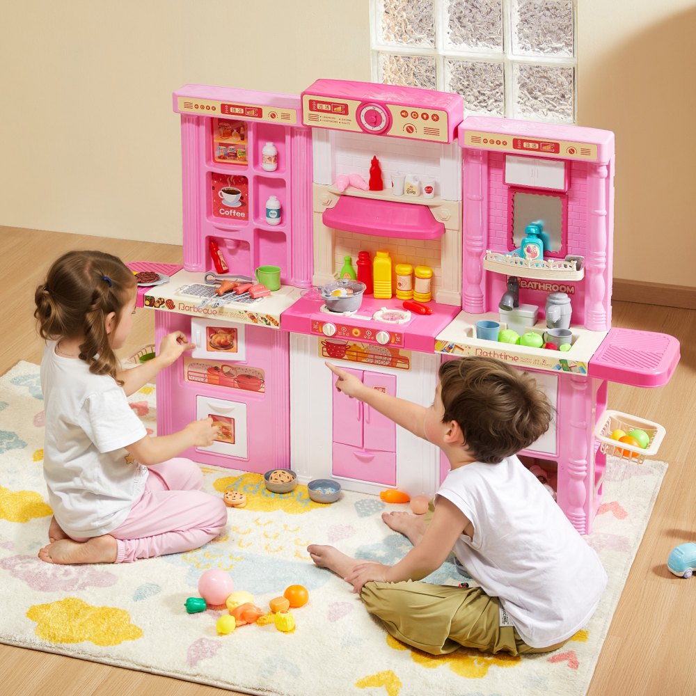 VEVOR Kids Kitchen Playset, 3-in-1 Toddler Kitchen with Simulated Spray, Sounds and Lights, Play Kitchen Set with 74