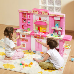 VEVOR Kids Kitchen Playset, 3-in-1 Toddler Kitchen with Simulated Spray, Sounds and Lights, Play Kitchen Set with 74