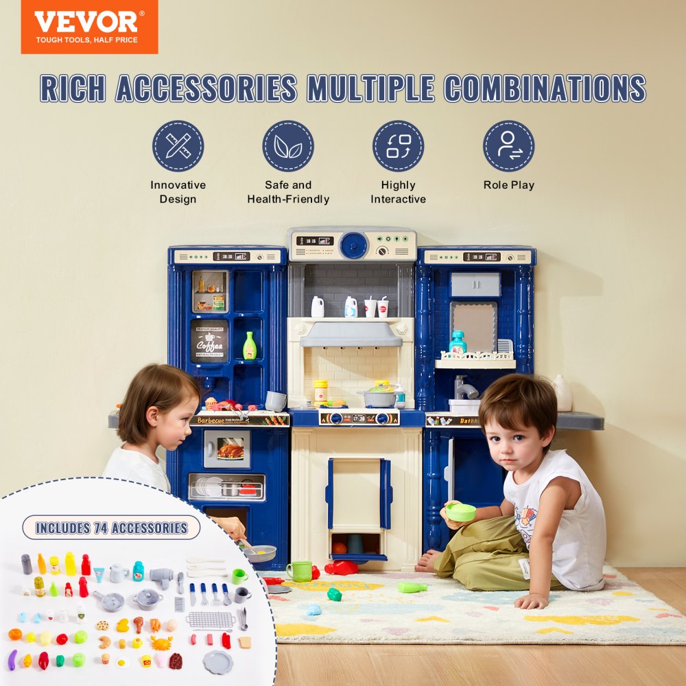 VEVOR Kids Kitchen Playset, 3-in-1 Toddler Kitchen with Simulated Spray, Sounds and Lights, Play Kitchen Set with 74