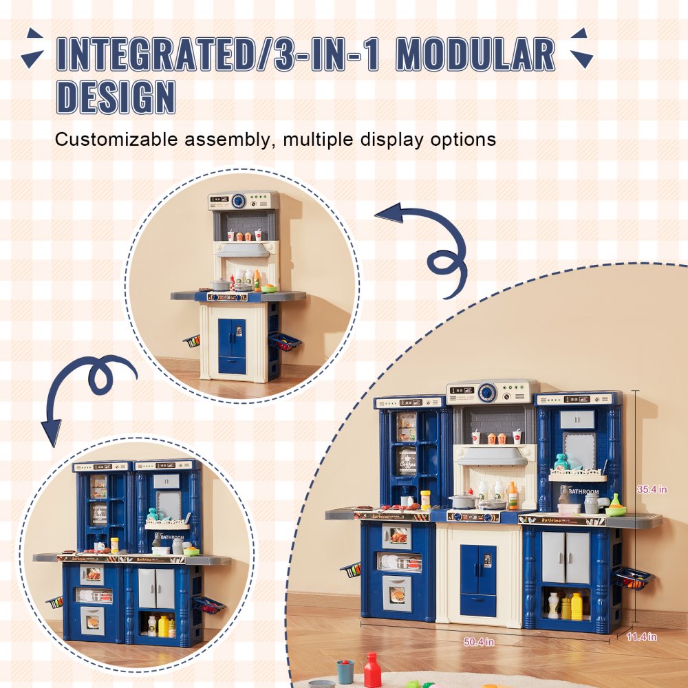 VEVOR Kids Kitchen Playset, 3-in-1 Toddler Kitchen with Simulated Spray, Sounds and Lights, Play Kitchen Set with 74