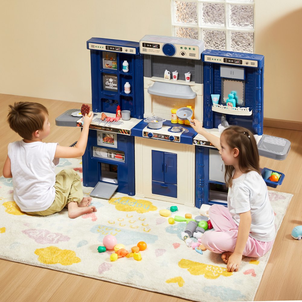 VEVOR Kids Kitchen Playset, 3-in-1 Toddler Kitchen with Simulated Spray, Sounds and Lights, Play Kitchen Set with 74