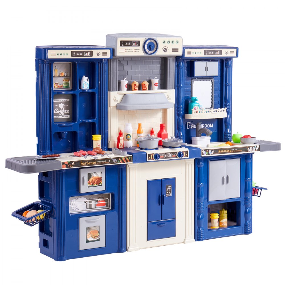 VEVOR Kids Kitchen Playset, 3-in-1 Toddler Kitchen with Simulated Spray, Sounds and Lights, Play Kitchen Set with 74