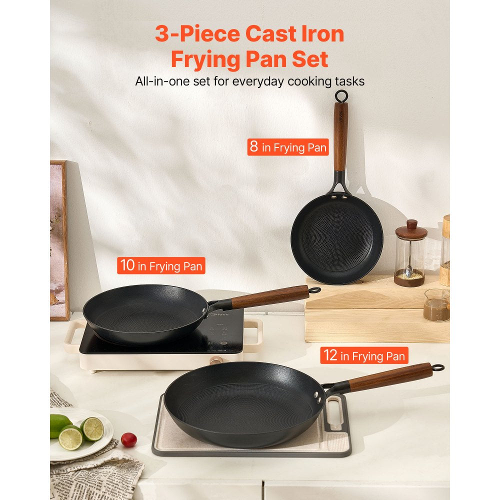 VEVOR Cast Iron Skillet, 3-Piece Frying Pan Set (8, 10, 12 in), Nonstick Skillets with Detachable Wood Handle