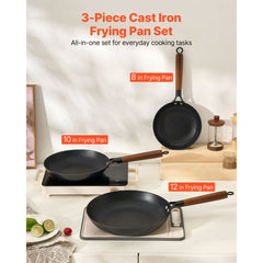 VEVOR Cast Iron Skillet, 3-Piece Frying Pan Set (8, 10, 12 in), Nonstick Skillets with Detachable Wood Handle