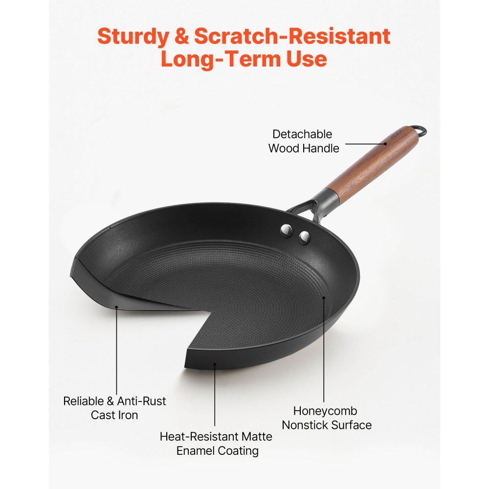 VEVOR Cast Iron Skillet, 3-Piece Frying Pan Set (8, 10, 12 in), Nonstick Skillets with Detachable Wood Handle