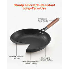 VEVOR Cast Iron Skillet, 3-Piece Frying Pan Set (8, 10, 12 in), Nonstick Skillets with Detachable Wood Handle
