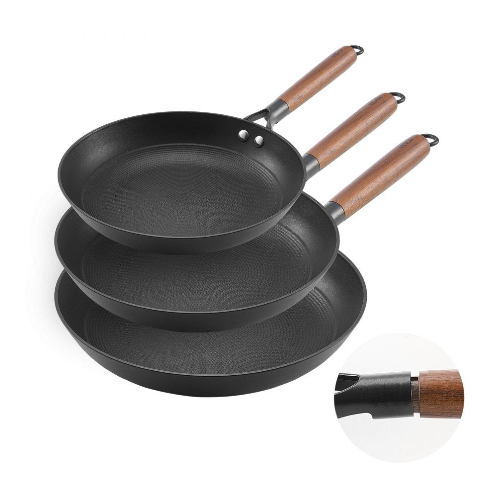 VEVOR Cast Iron Skillet, 3-Piece Frying Pan Set (8, 10, 12 in), Nonstick Skillets with Detachable Wood Handle
