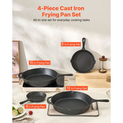 VEVOR Cast Iron Skillet, 4-Piece Frying Pan Set (6, 8, 10, 12 in), Skillets with Heat-Resistant Silicone Handle