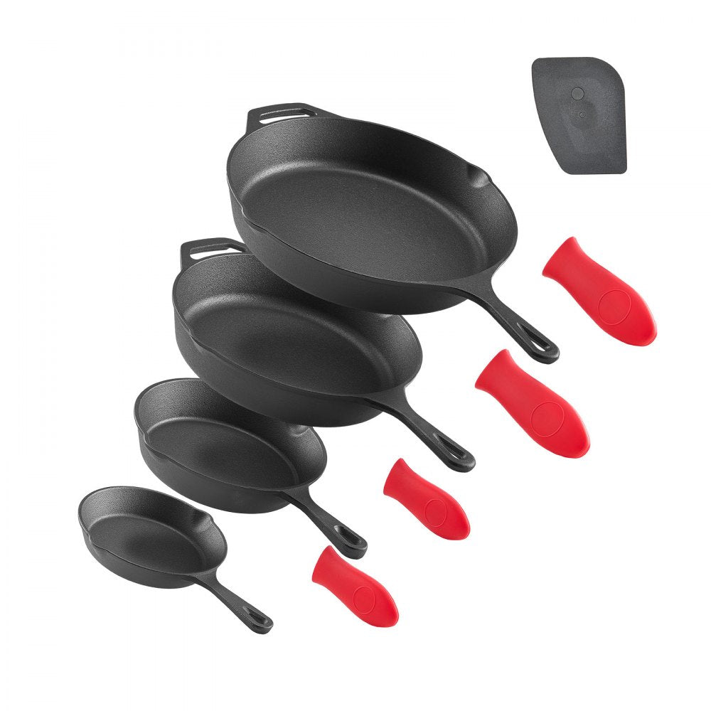 VEVOR Cast Iron Skillet, 4-Piece Frying Pan Set (6, 8, 10, 12 in), Skillets with Heat-Resistant Silicone Handle