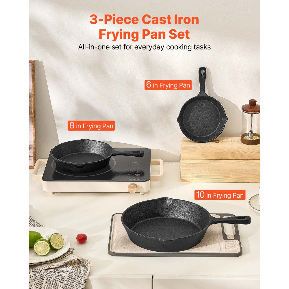 VEVOR Cast Iron Skillet, 3-Piece Frying Pan Set (6, 8, 10 in), Heavy-Duty Skillets with Heat-Resistant Handle