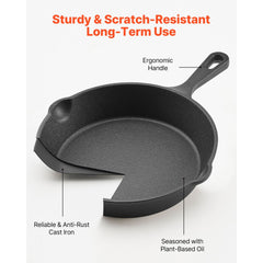 VEVOR Cast Iron Skillet, 3-Piece Frying Pan Set (6, 8, 10 in), Heavy-Duty Skillets with Heat-Resistant Handle