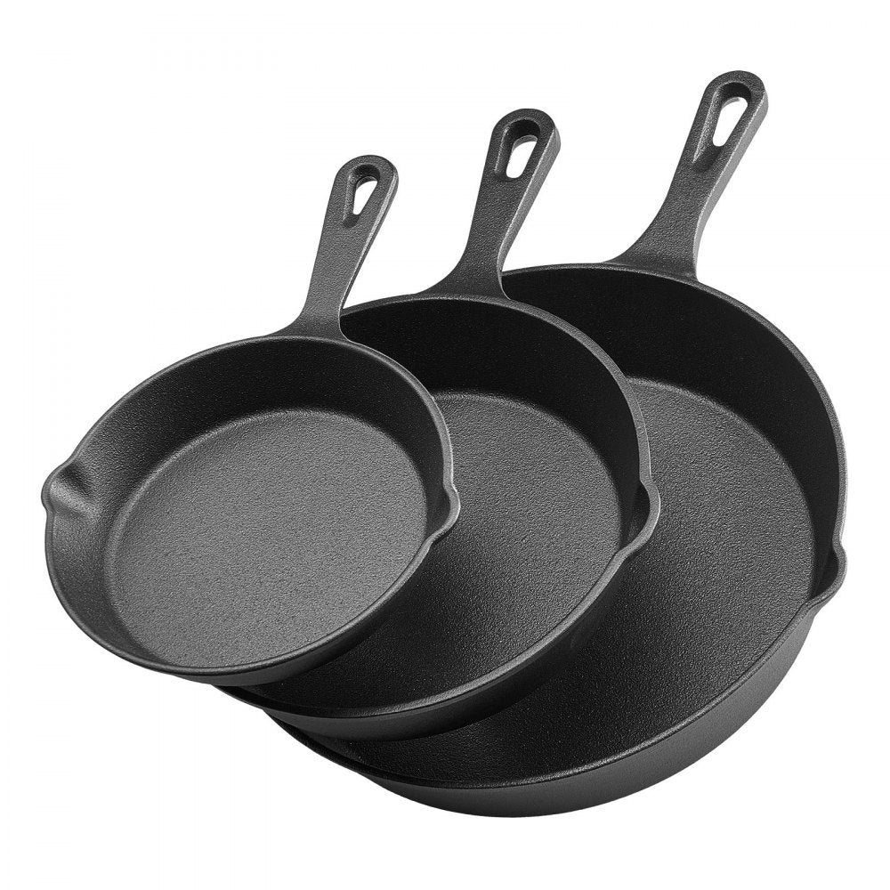 VEVOR Cast Iron Skillet, 3-Piece Frying Pan Set (6, 8, 10 in), Heavy-Duty Skillets with Heat-Resistant Handle