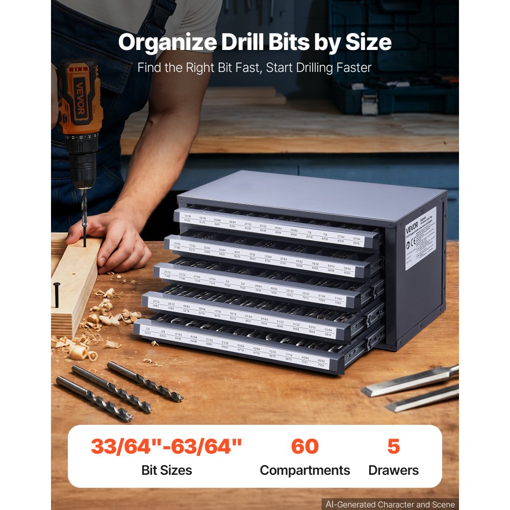 VEVOR Drill Bit Dispenser Cabinet, Five-Drawer Drill Bit Organizer Cabinet for 33/64" to 63/64" Steel Drill Dispenser