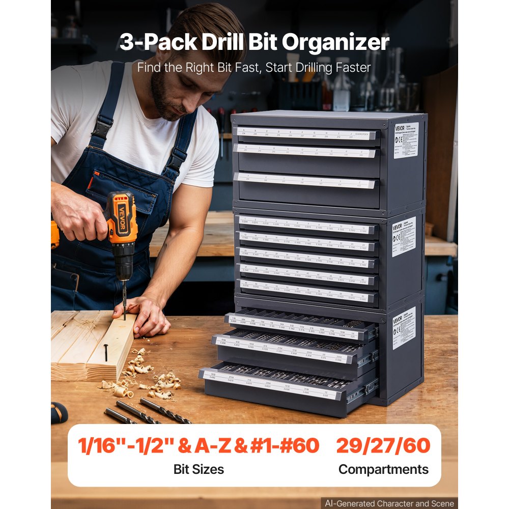 VEVOR Drill Bit Dispenser Cabinet, 3 Pieces Three-Drawer for 1/16" to 1/2" & Letter Sizes A to Z, Five-Drawer Drill Bit