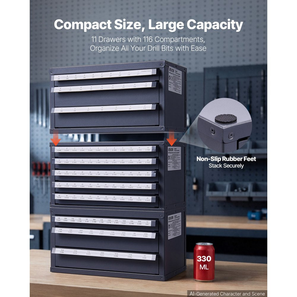 VEVOR Drill Bit Dispenser Cabinet, 3 Pieces Three-Drawer for 1/16" to 1/2" & Letter Sizes A to Z, Five-Drawer Drill Bit