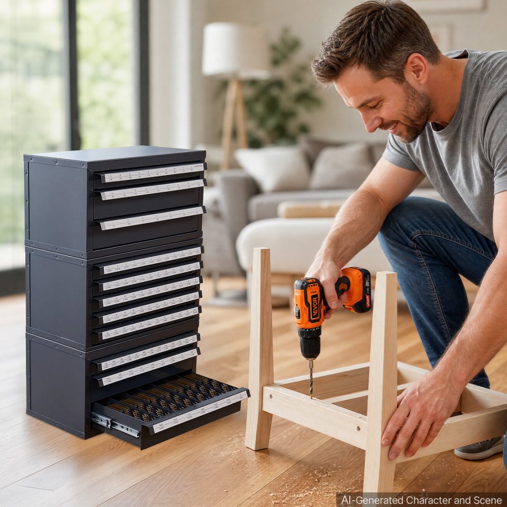 VEVOR Drill Bit Dispenser Cabinet, 3 Pieces Three-Drawer for 1/16" to 1/2" & Letter Sizes A to Z, Five-Drawer Drill Bit