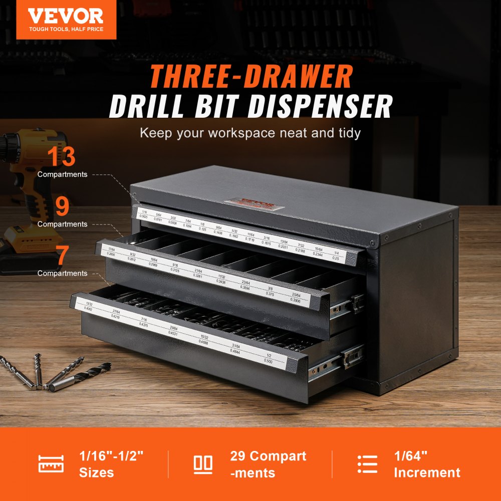 VEVOR Drill Bit Dispenser Cabinet, Three-Drawer Drill Bit Organizer Cabinet for 1/16" to 1/2", Steel Drill Dispenser