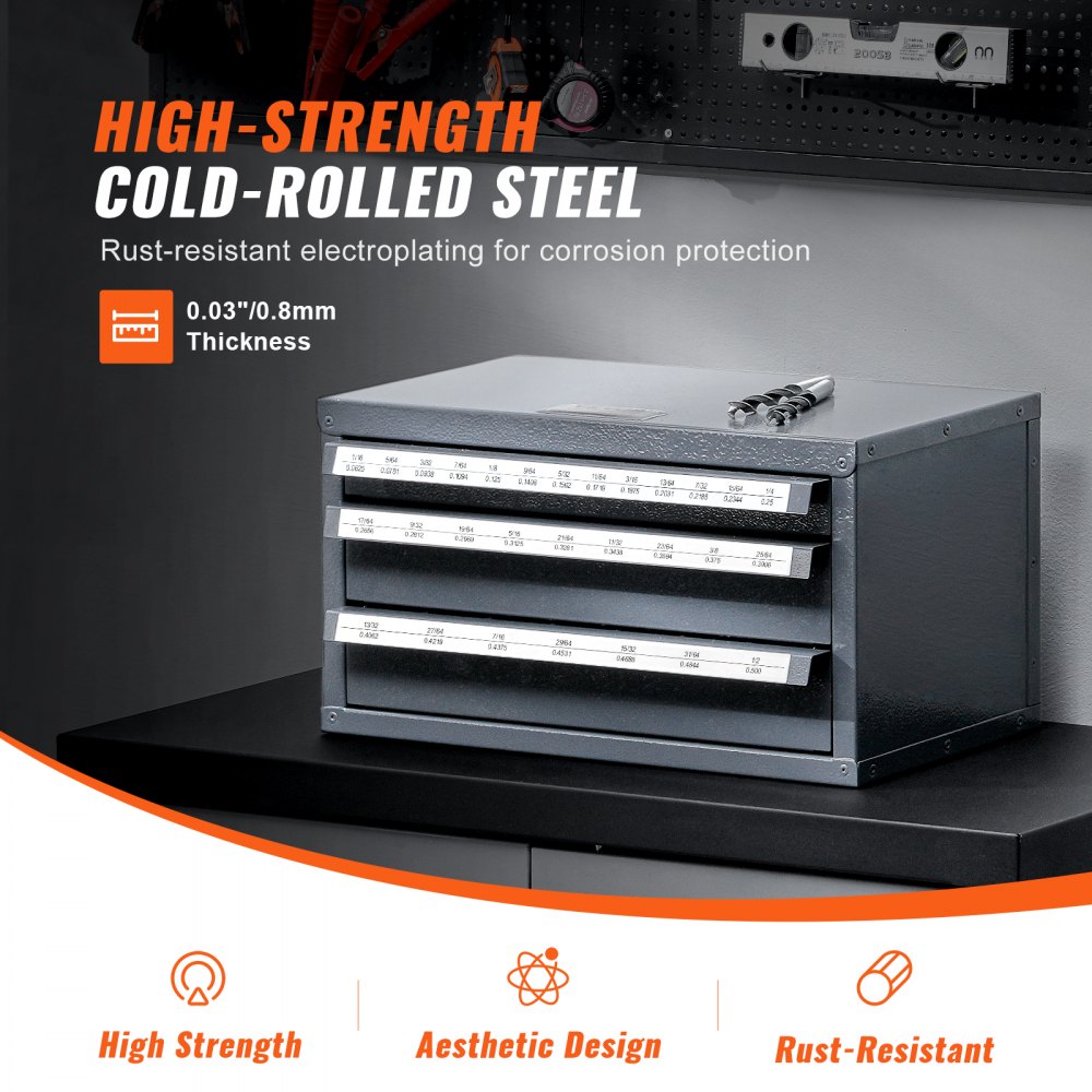 VEVOR Drill Bit Dispenser Cabinet, Three-Drawer Drill Bit Organizer Cabinet for 1/16" to 1/2", Steel Drill Dispenser