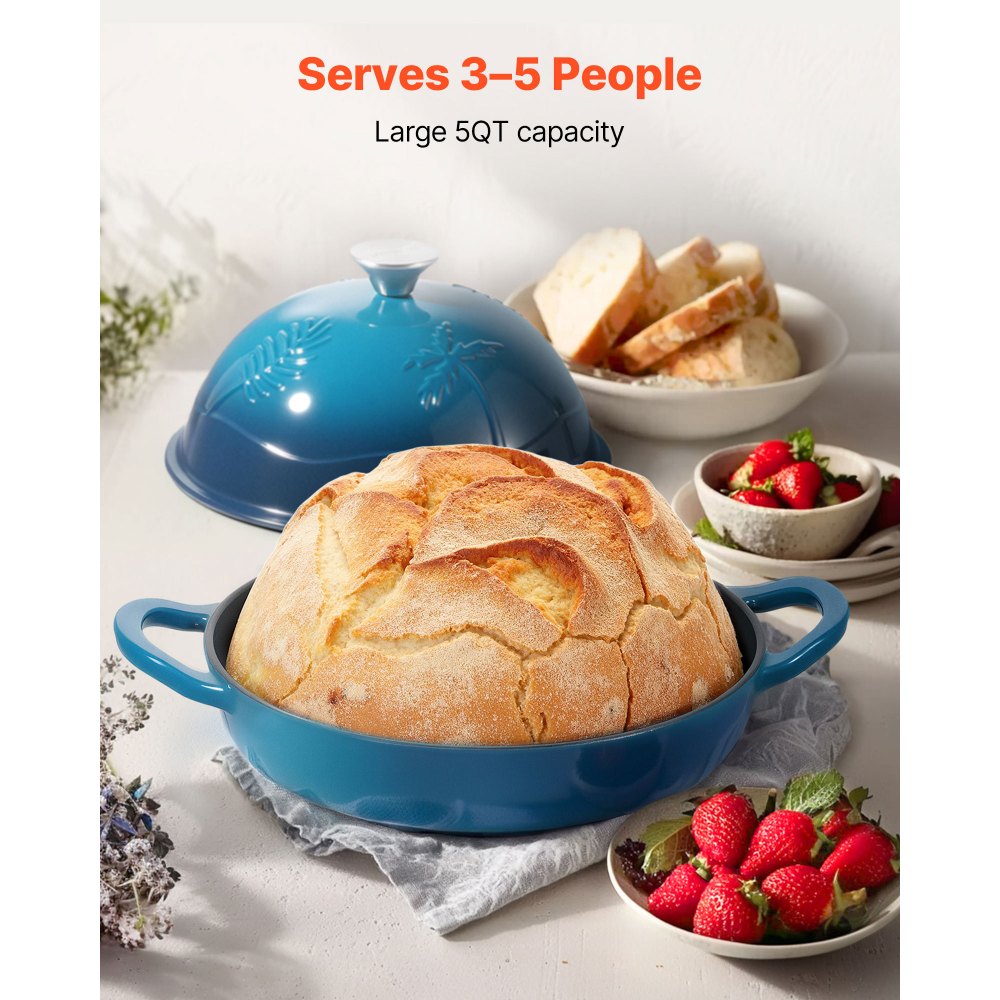 VEVOR Enameled Cast Iron Dutch Oven, 5 Quart Pot for Sourdough Bread Baking, Heavy-Duty Cookware Pan with Lid and Dual