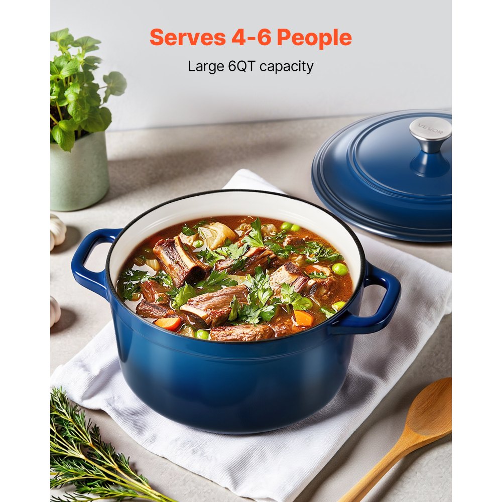 VEVOR Enameled Cast Iron Dutch Oven, 6 Quart Pot with Lid and Dual Handles, Heavy-Duty Durable Cookware Pan, Oven