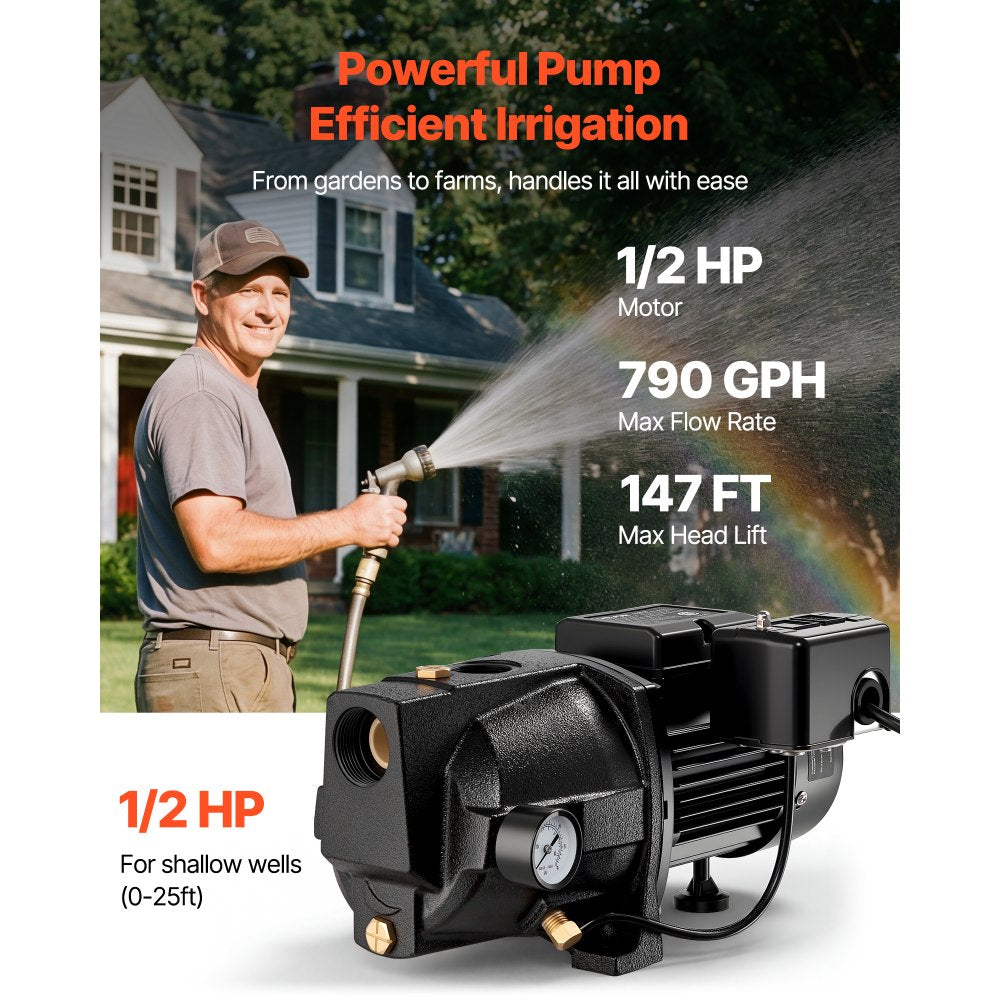 VEVOR 1/2 HP Shallow Well Jet Pump, AC 115/230 Volt, 790 GPH Dual Voltage Cast Iron Well Jet Pump, with 147 ft Max Head