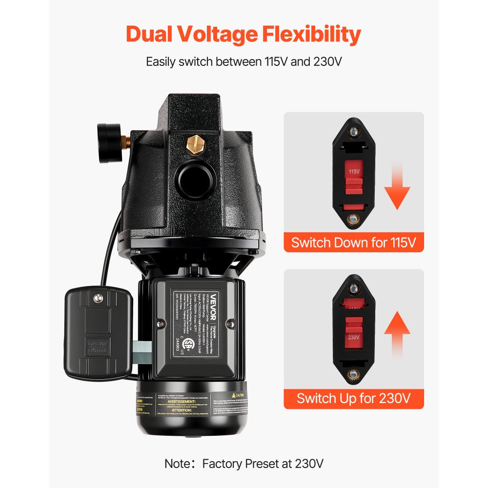VEVOR 1/2 HP Shallow Well Jet Pump, AC 115/230 Volt, 790 GPH Dual Voltage Cast Iron Well Jet Pump, with 147 ft Max Head