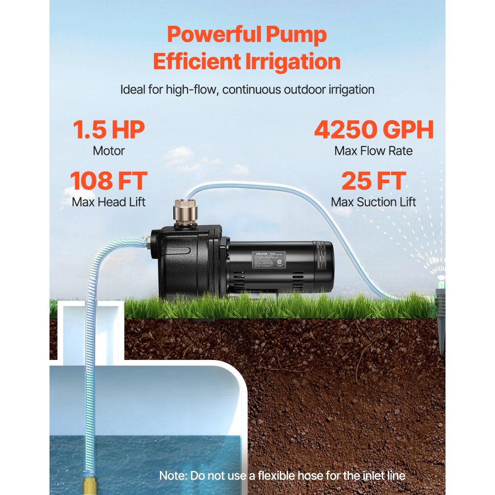 VEVOR 1.5 HP Shallow Well Jet Pump, AC 115/230 Volt, 4250 GPH Dual Voltage Cast Iron Well Jet Pump, with 108 ft Max