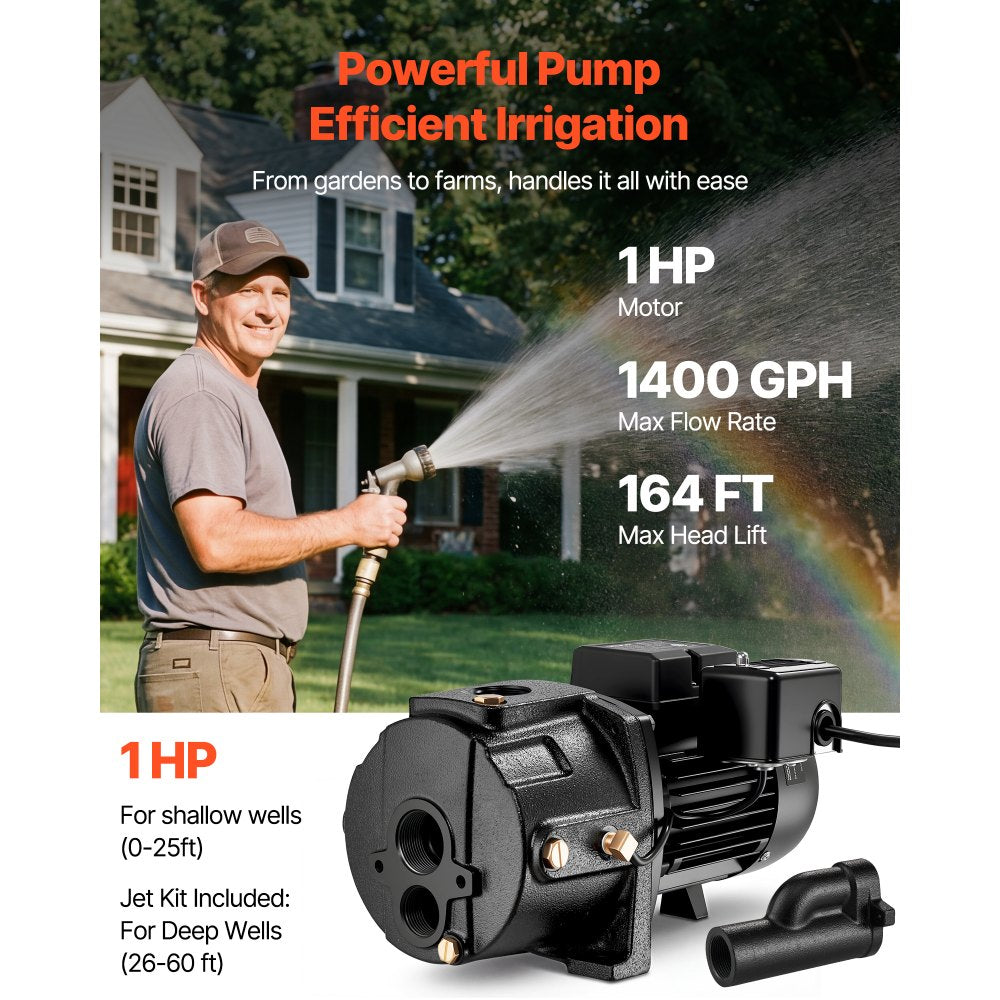 VEVOR 1 HP Shallow Well Jet Pump, AC 115/230 Volt, 1400 GPH Dual Voltage Cast Iron Well Jet Pump, with 164 ft Max Head