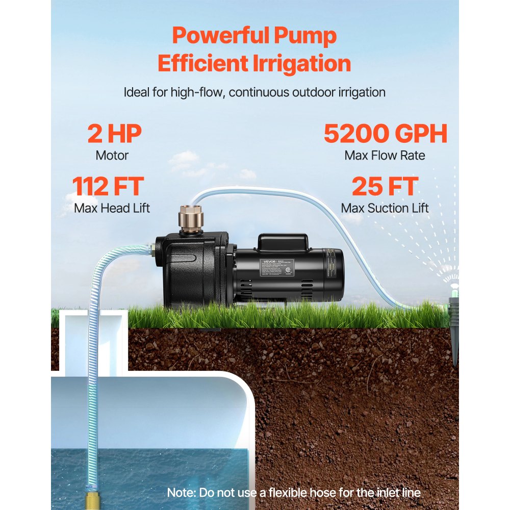 VEVOR 2 HP Shallow Well Jet Pump, 230 Volt, 5200 GPH Cast Iron Well Jet Pump, with 112 ft Max Head Lift, Check Valve