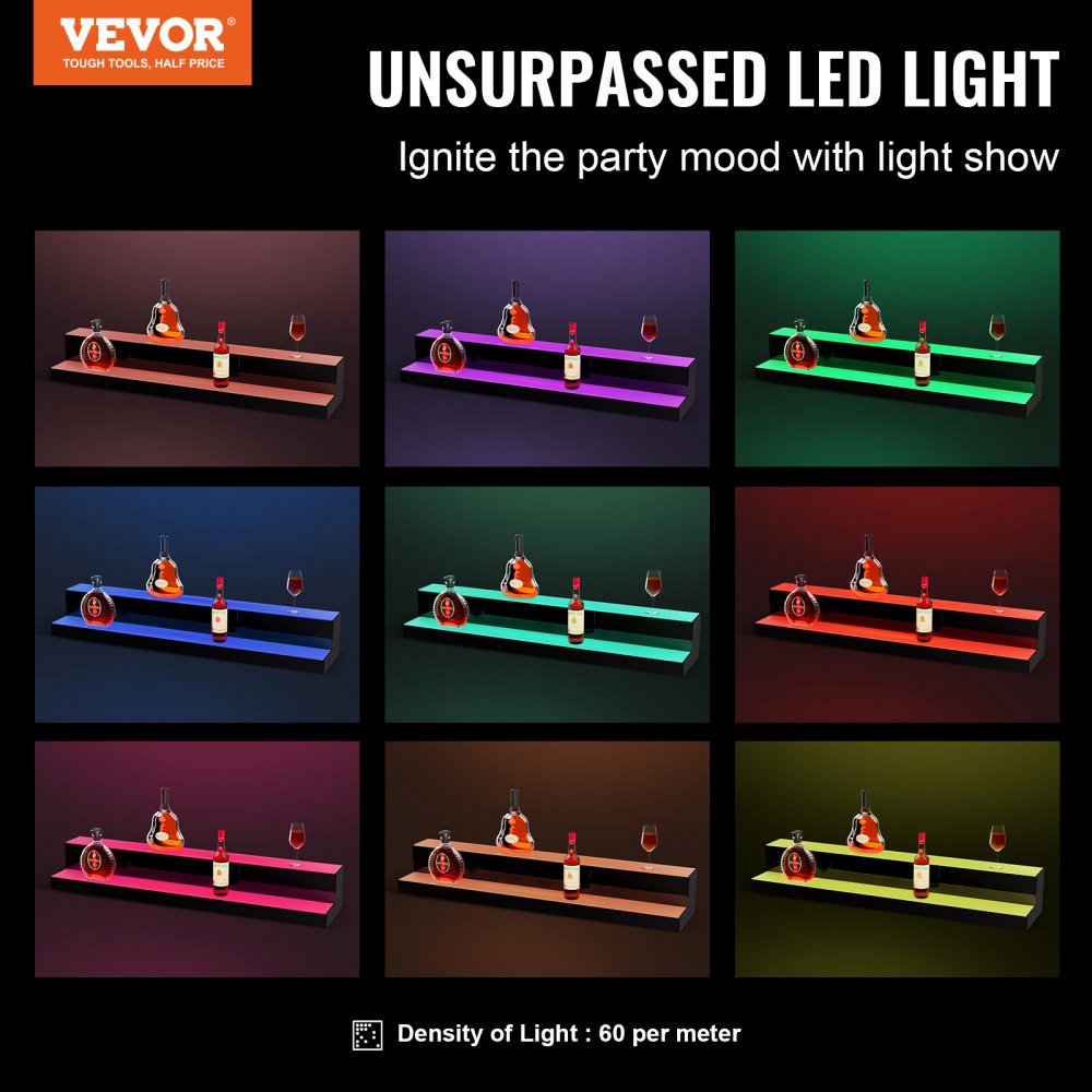 VEVOR LED Lighted Liquor Bottle Display, 2 Tiers 40 Inch Commercial Illuminated Home Bar Shelf, 2 Steps Whiskey Rack