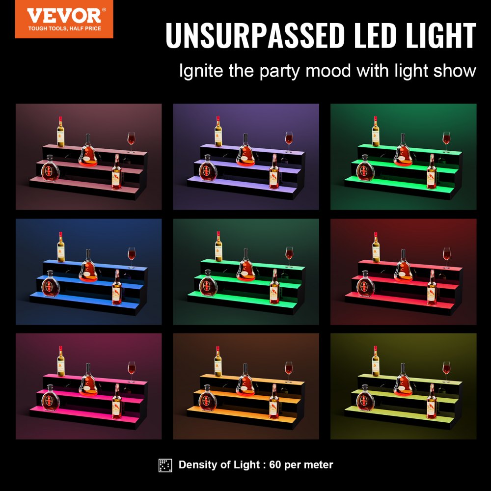 VEVOR LED Lighted Liquor Bottle Display, 3 Tiers 30 Inch Commercial Illuminated Home Bar Shelf, 3 Steps Whiskey Rack