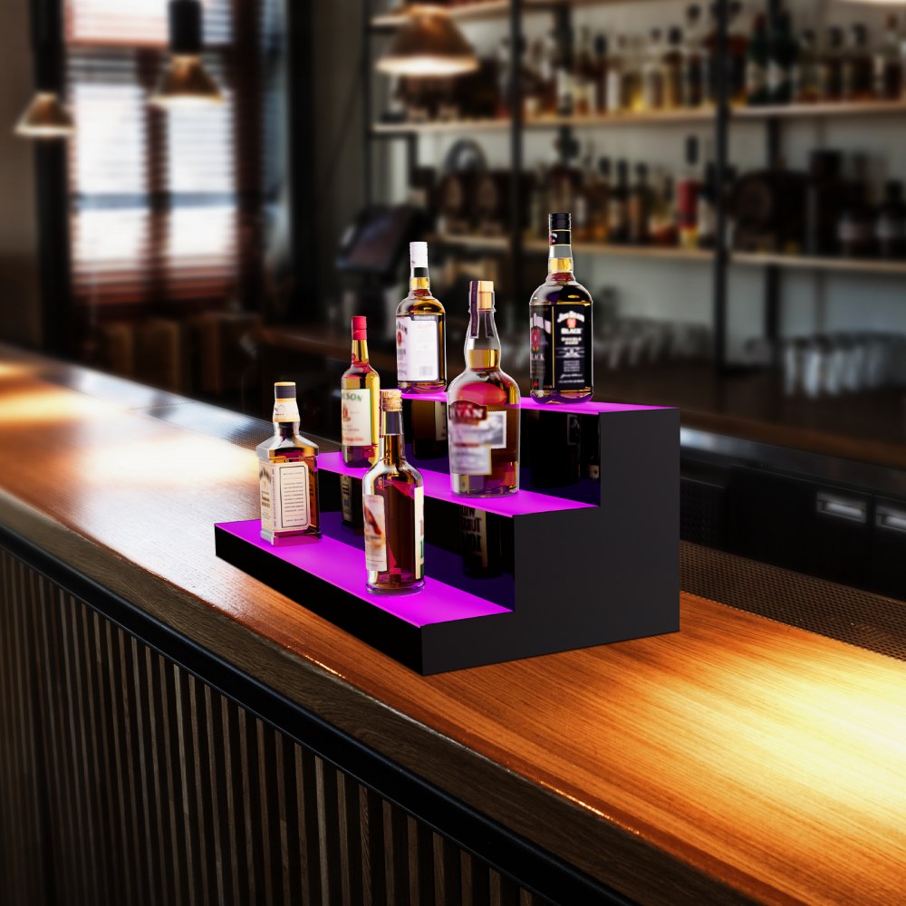 VEVOR LED Lighted Liquor Bottle Display, 3 Tiers 30 Inch Commercial Illuminated Home Bar Shelf, 3 Steps Whiskey Rack